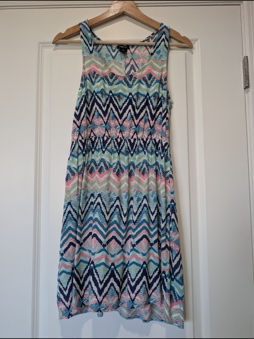 rue21 Y2K Boho Chevron Ikat Sleeveless Dress Small Blue Pink Elastic Waist